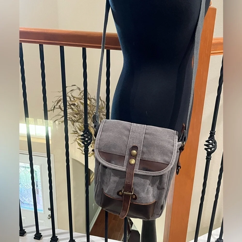 TDS BRAND VALLEY TRAIL Gray Crossbody CANVAS Bag with Brown LEATHER Accents: